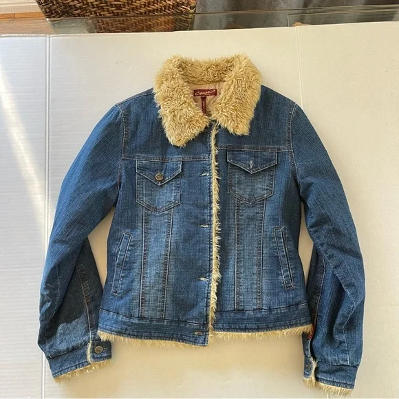 Vintage Y2K Clash Denim Jacket Faux  fur collar women size XL - Picture 8 of 9